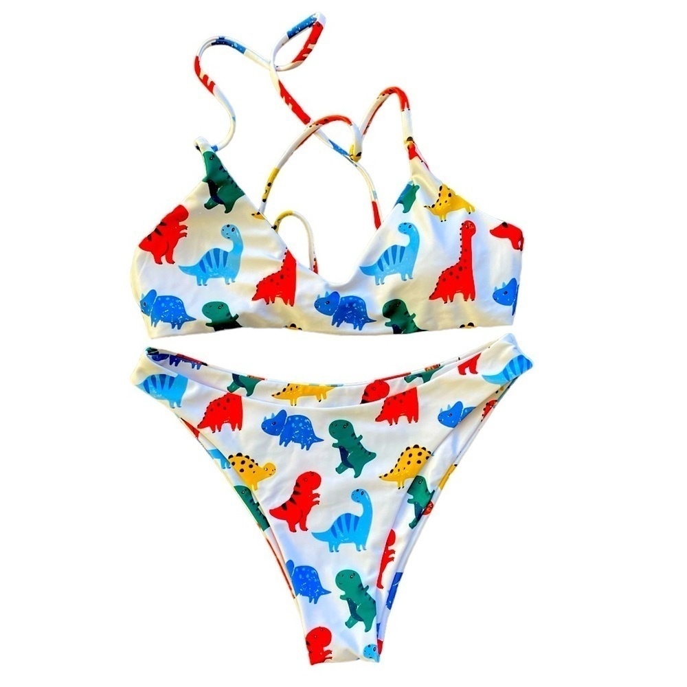 2/$15 Shein White Dinosaur Print Bikini Small